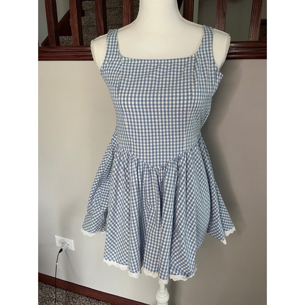 Full Tilt Blue White Gingham Lace Trim Dress Dorothy Wizard of Oz Costume Small